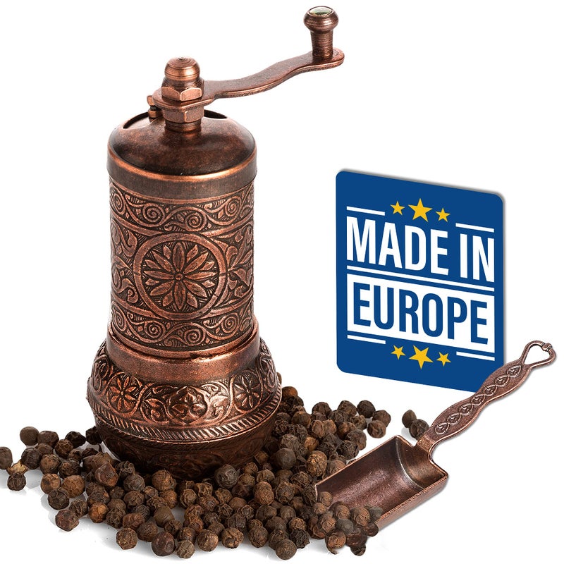 Crystalia Decorative Black Pepper Grinder, Refillable Turkish Spice Mill with Adjustable Coarseness, Manual Pepper Mill with Handle, Spice Grinder Metal with Hand Crank, Copper - Image 1